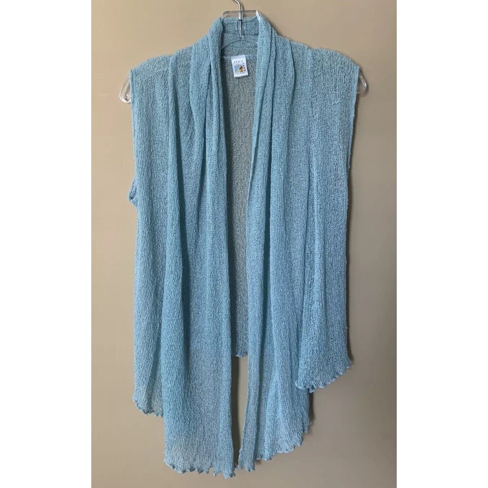 Sea & Sand Sleeveless Cardigan Top Medium Mesh Netting Aqua Blue Scarf Front B1